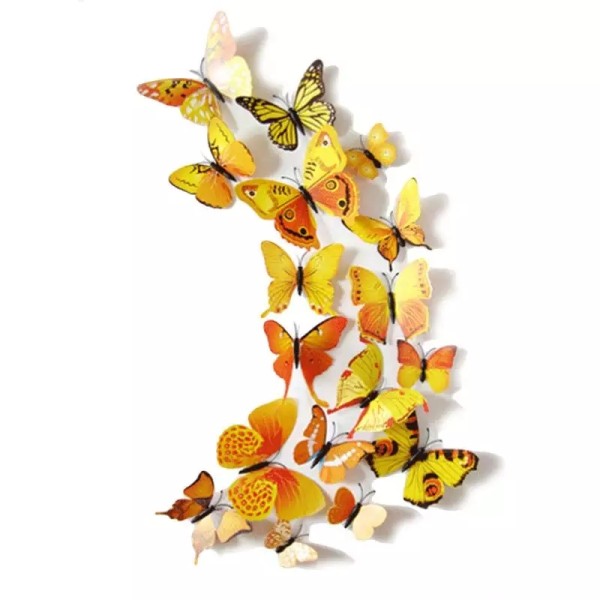 3D butterflies with magnet, house or event decorations, set of 12 pieces, yellow color