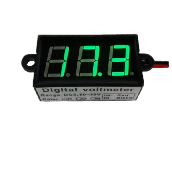 Voltmetru digital cu leduri verzi, 3.5 - 30 V, carcasa de culoare neagra, waterproof, cu 3 digit si 2 fire, rezistent la apa